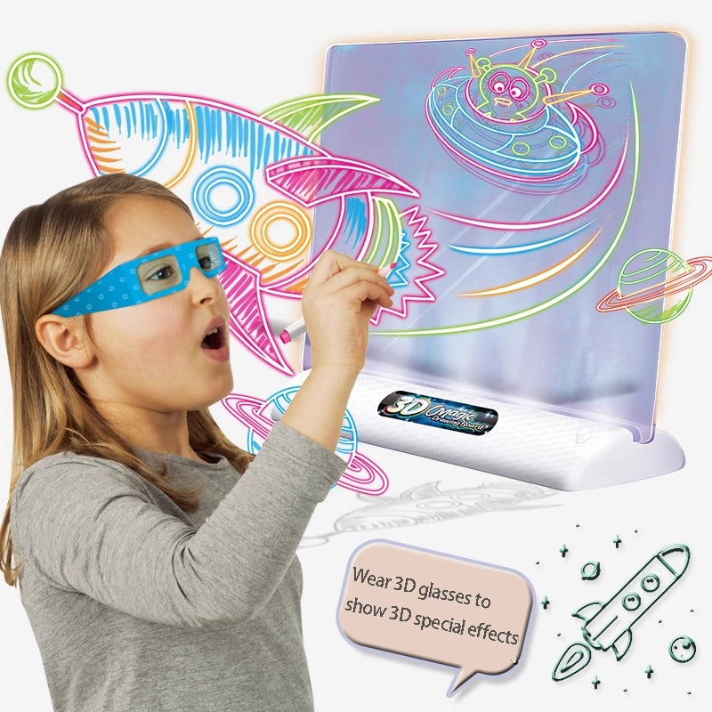 3D Magic Drawing Board for Kids - LED Light Up Art Tablet, Montessori Educational Toy, DIY Graffiti & Coloring Board with 3D Glasses