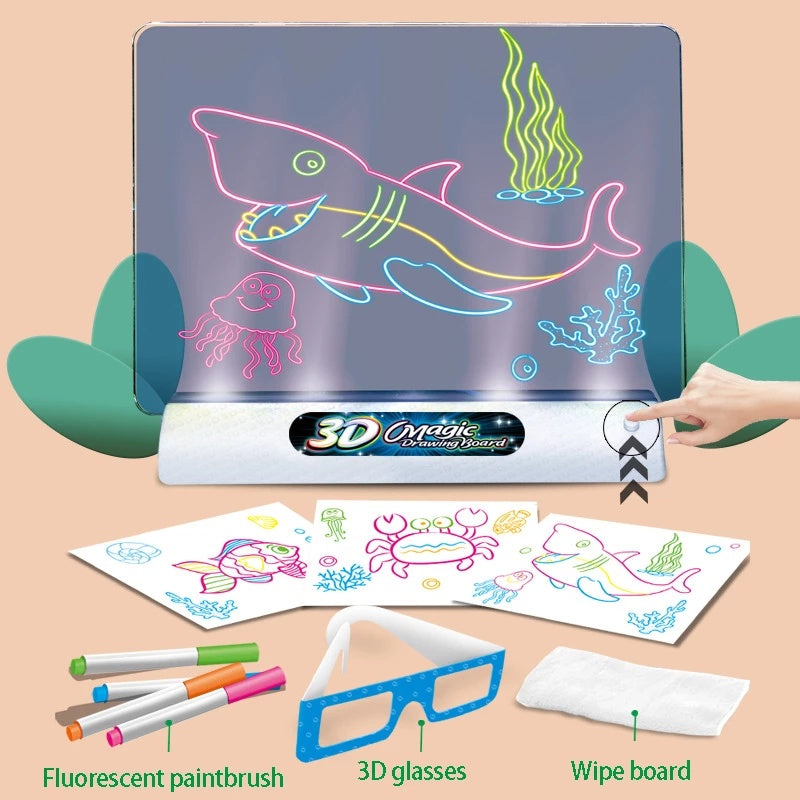 3D Magic Drawing Board for Kids - LED Light Up Art Tablet, Montessori Educational Toy, DIY Graffiti & Coloring Board with 3D Glasses