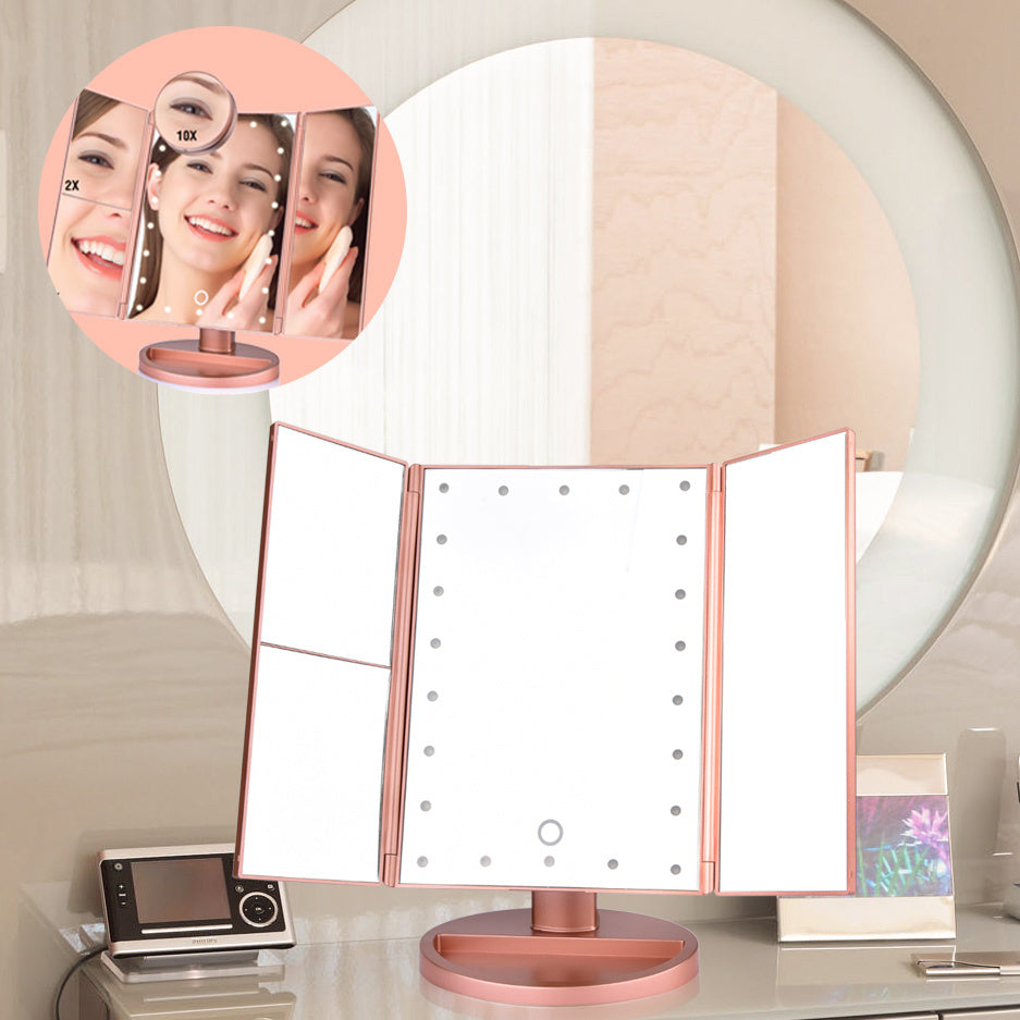 Tri-Fold LED Makeup Mirror with Touch Screen & Adjustable Brightness – 24 LED Lights