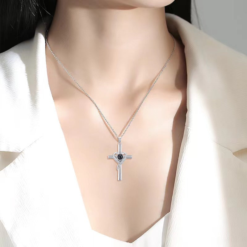 Languages I Love You Projection Cross Necklace - Elegant Memorial Jewelry for Women