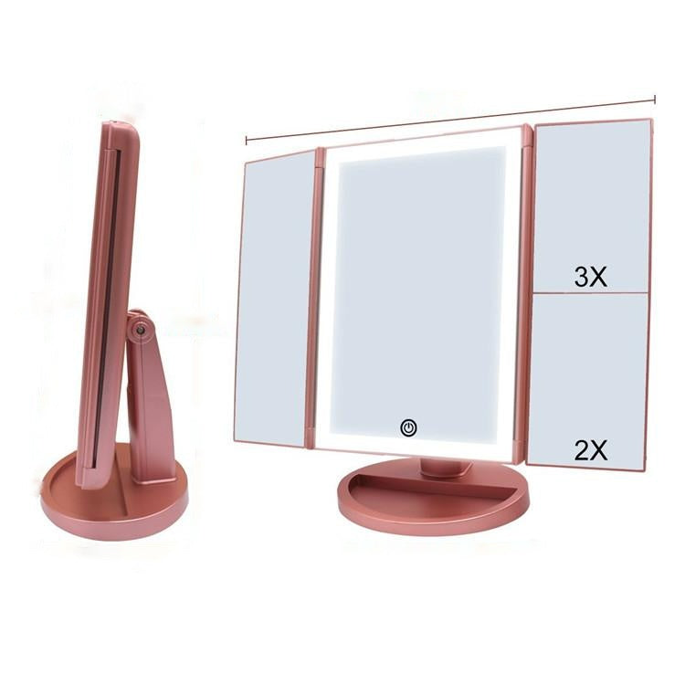 Tri-Fold LED Makeup Mirror with Touch Screen & Adjustable Brightness – 24 LED Lights