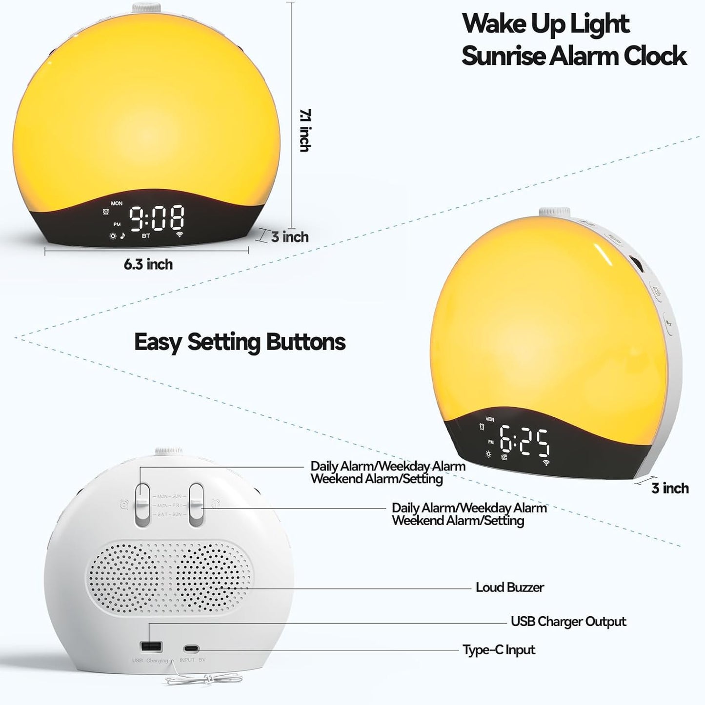 Smart Sunrise Alarm Clock with Bluetooth & Colorful Bedside Lamp