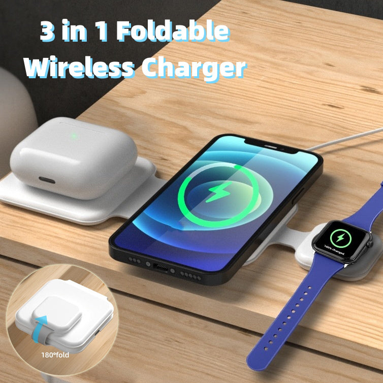 3 In 1 Magnetic Foldable Wireless Charger - 3 in1 Magnetic Wireless Charging Station – Foldable Fast Charger for iPhone, Android & Smartwatch