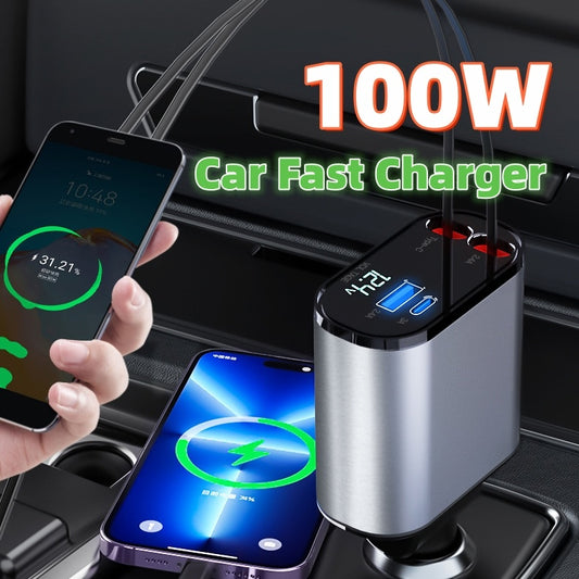 Metal Car Charger 100W – Super Fast USB & Type-C Adapter for Cigarette Lighter