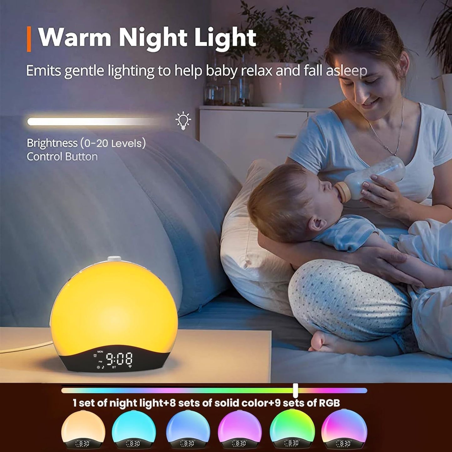 Smart Sunrise Alarm Clock with Bluetooth & Colorful Bedside Lamp