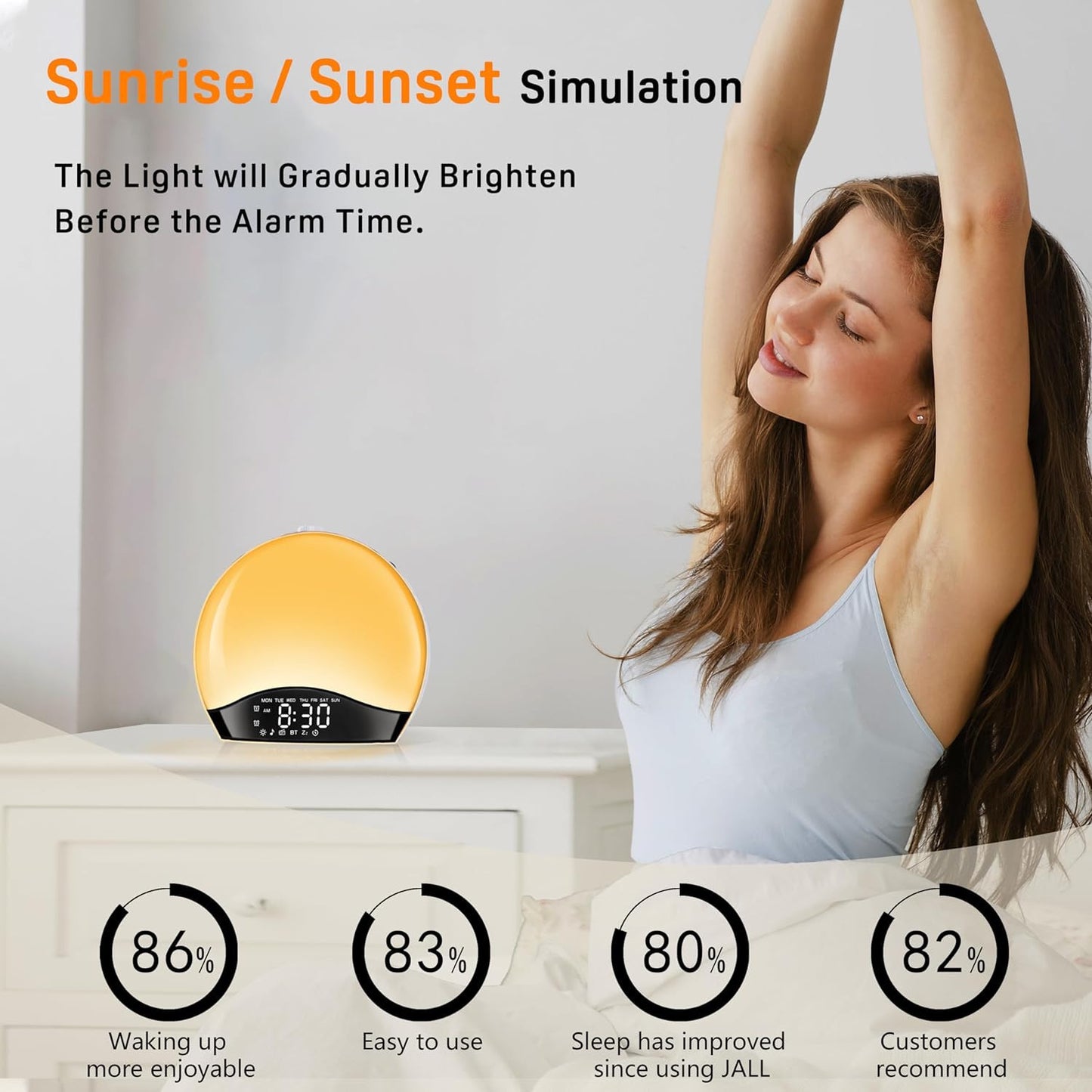 Smart Sunrise Alarm Clock with Bluetooth & Colorful Bedside Lamp