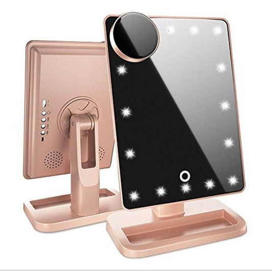 Touch Screen LED Makeup Mirror with Bluetooth Speaker | 10X Magnifying Mirror & 20 LED Lights for Beauty & Skincare