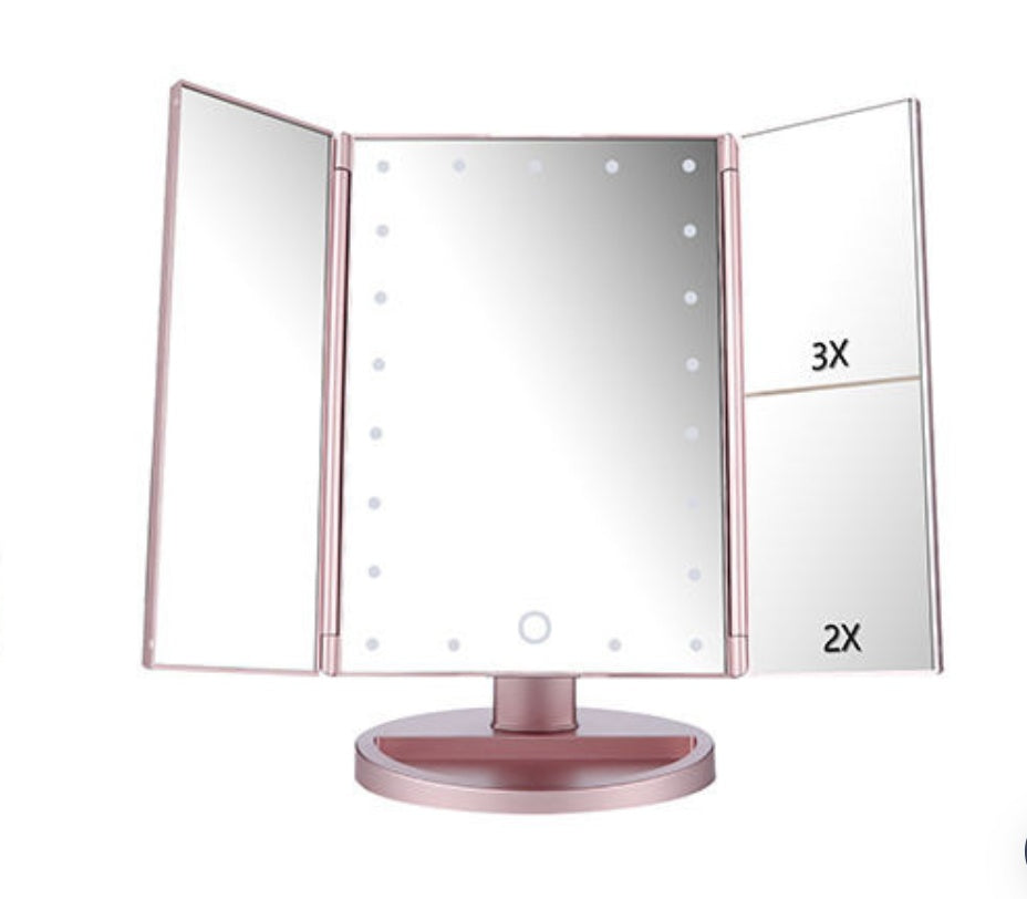 Tri-Fold LED Makeup Mirror with Touch Screen & Adjustable Brightness – 24 LED Lights