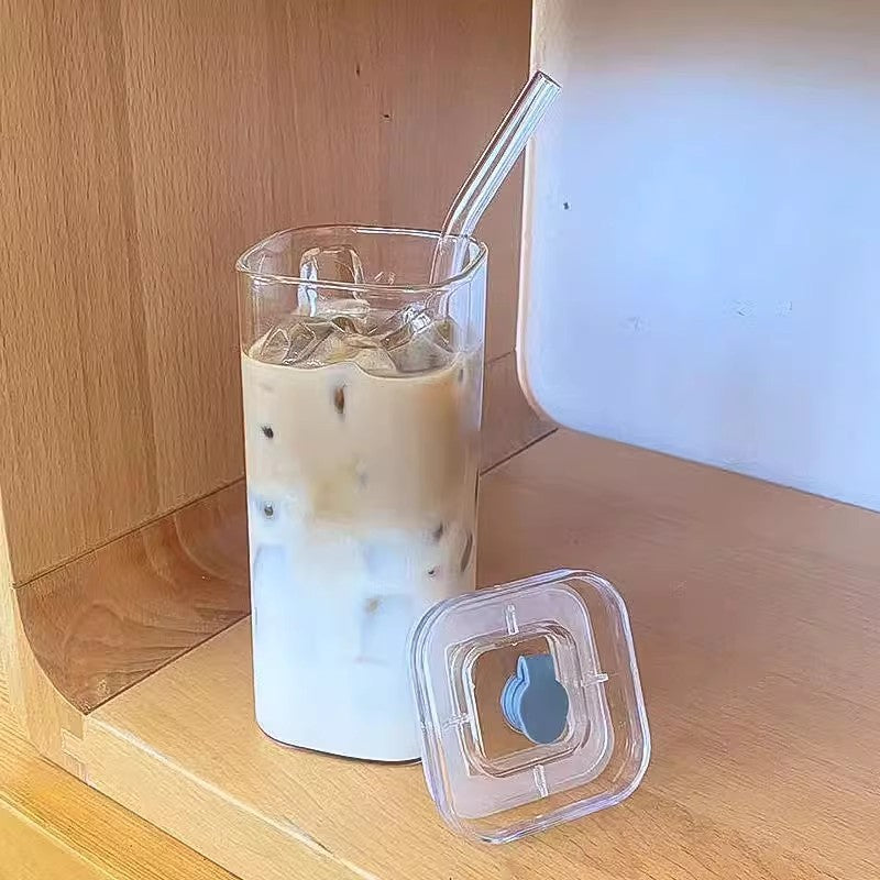 Square Transparent Glass Coffee Cup with Lid and Straw - 400ml