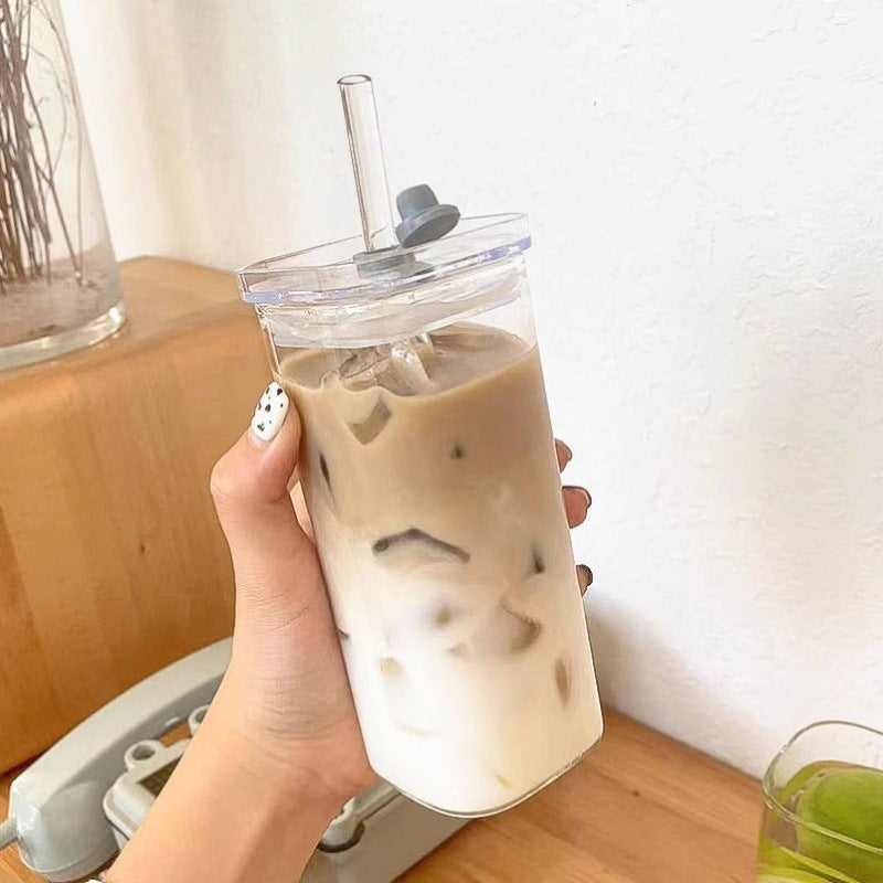 Square Transparent Glass Coffee Cup with Lid and Straw - 400ml