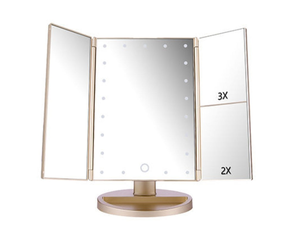 Tri-Fold LED Makeup Mirror with Touch Screen & Adjustable Brightness – 24 LED Lights