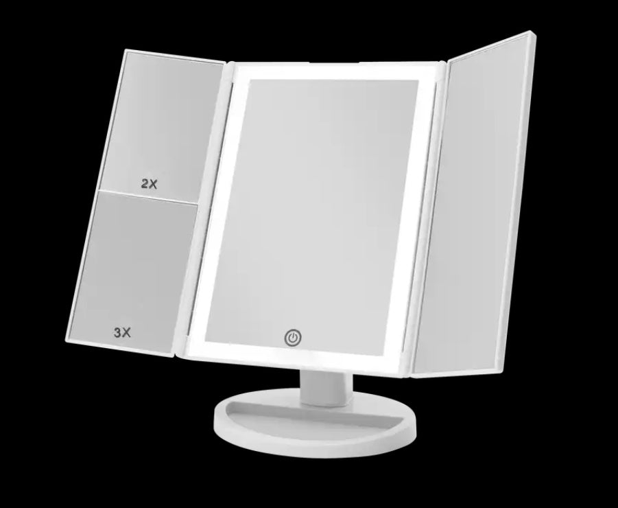 Tri-Fold LED Makeup Mirror with Touch Screen & Adjustable Brightness – 24 LED Lights