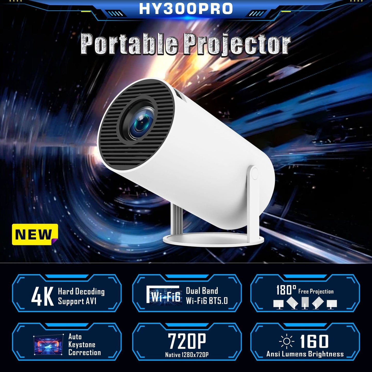 Portable Small Projector - HY300 Pro Portable Projector Smart Home Theater with 4K Support, Wi Fi 6 & Bluetooth 5.0